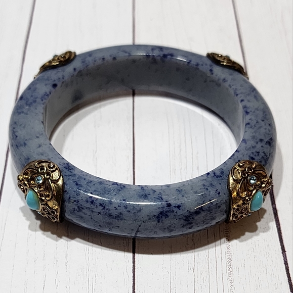 Blue Gray Blue Speckle Resin Bangle Faux Turquoise Beads & Crystals - Picture 2 of 4